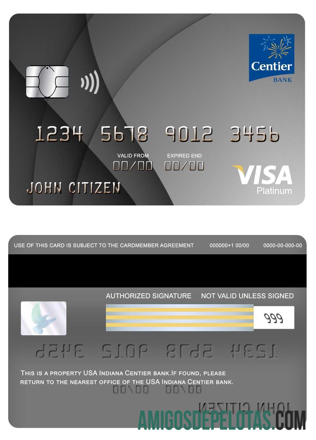Cartão Visa Platinum dos EUA Indiana Center Bank amostra
